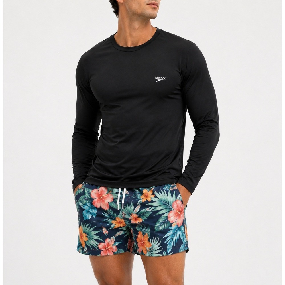 Speedo Men's Long Sleeve Swim Shirt Rash Guard Minimalist Black Large NEW